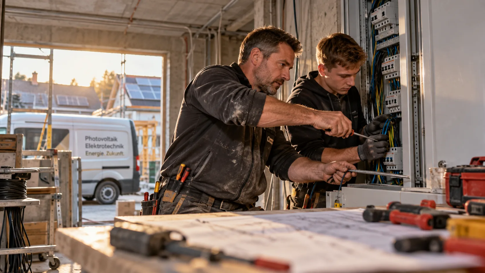 Zwei Elektriker arbeiten gemeinsam an einem Schaltschrank auf der Baustelle