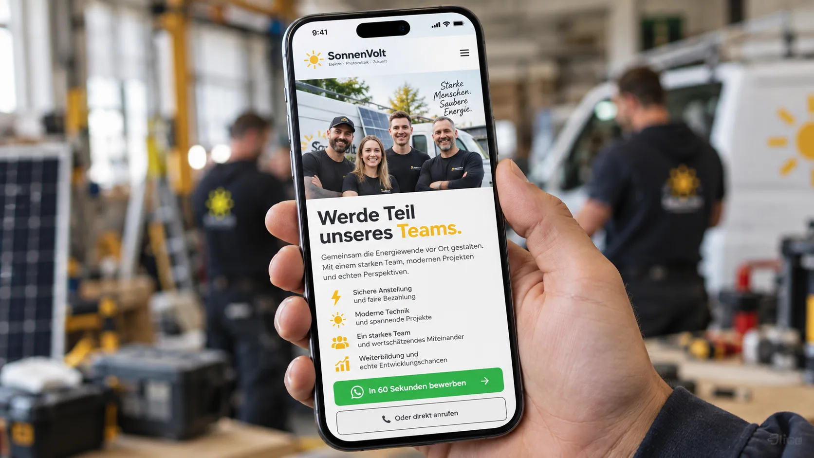 Konzept-Ansicht einer Karriereseite mit WhatsApp-Bewerbung auf dem Smartphone