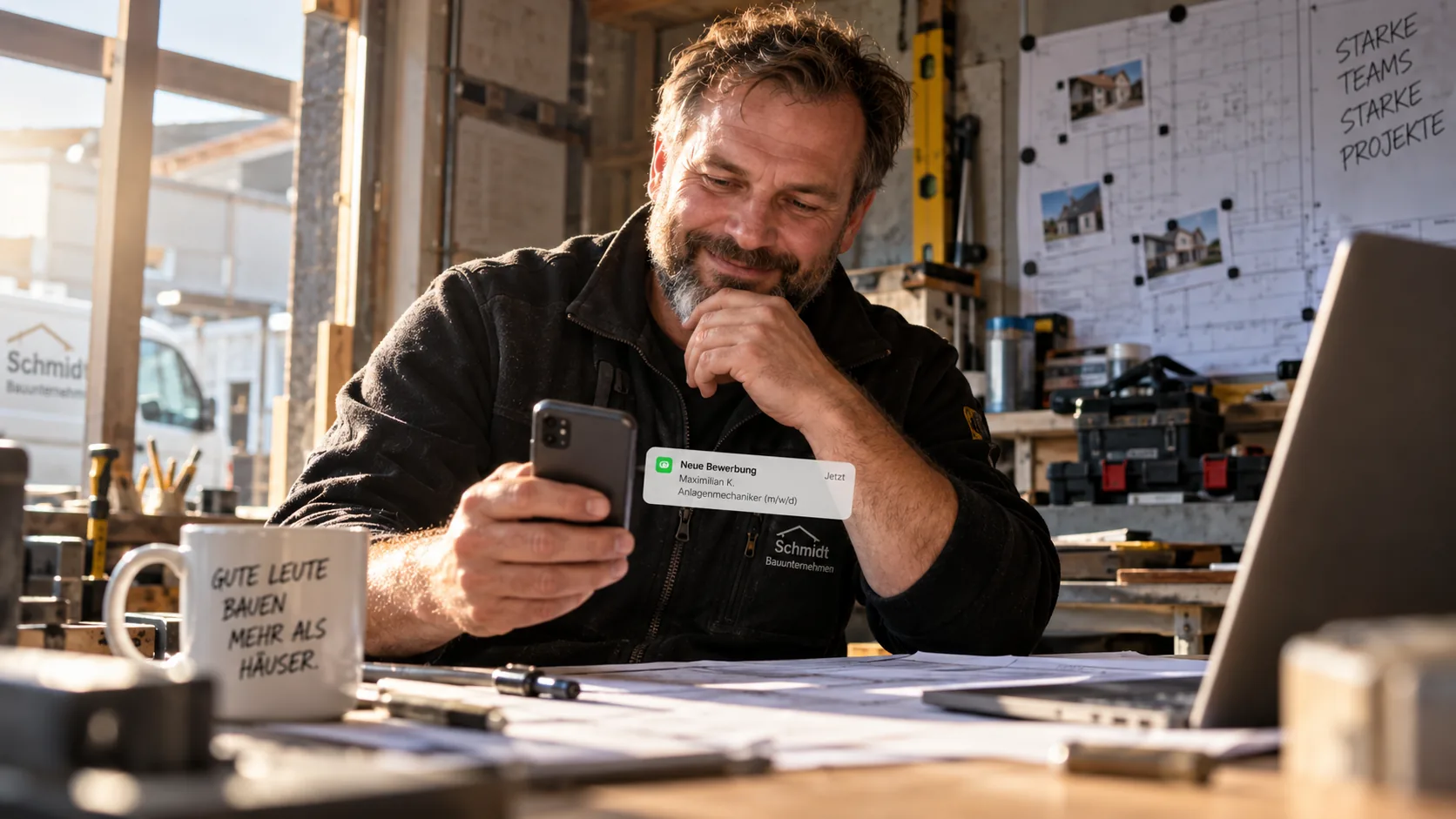 Bauunternehmer freut sich über eine Push-Benachrichtigung mit neuer Bewerbung