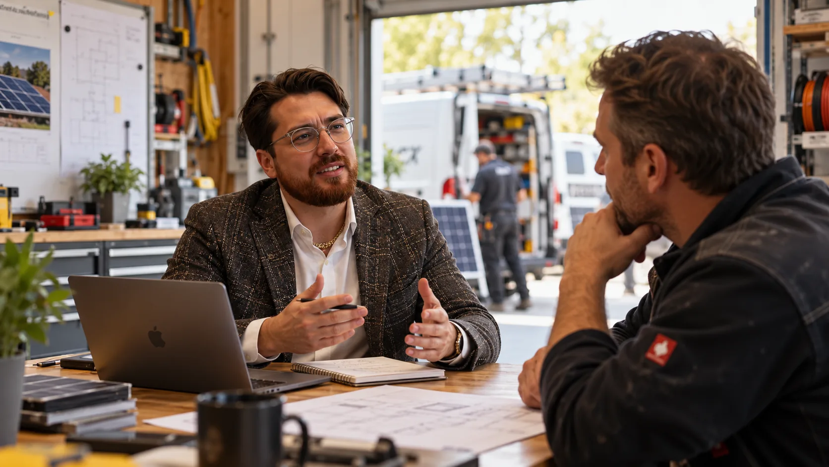 Raphael Hermann im Gespräch mit einem Handwerksunternehmer in der Werkstatt
