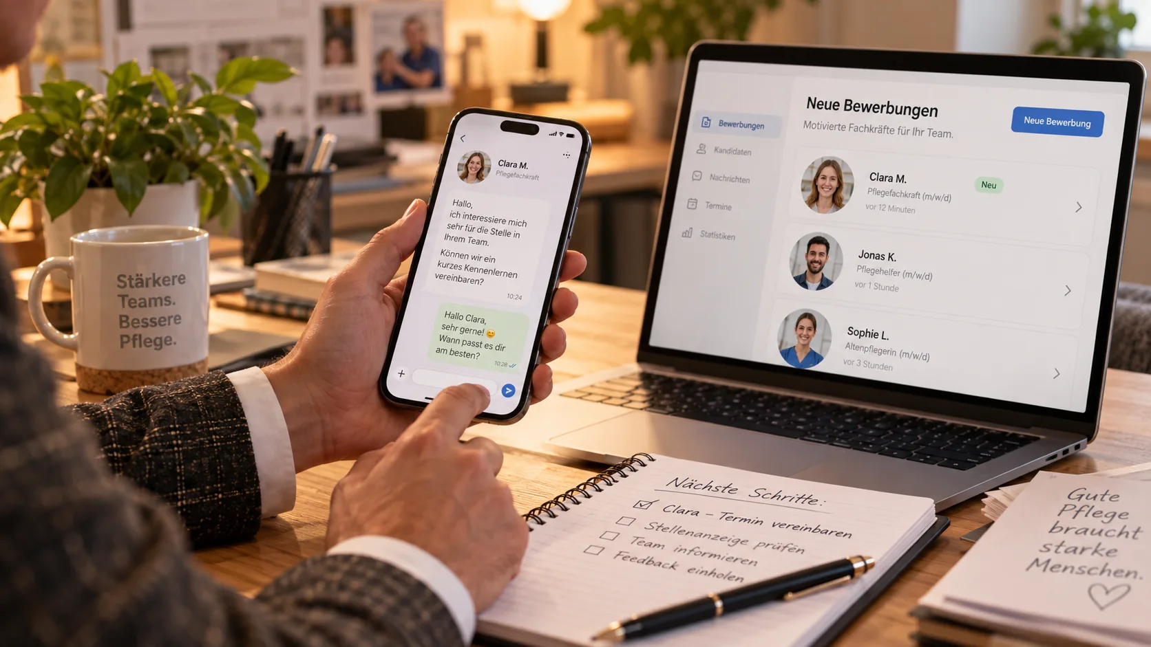 Konzept-Ansicht: Bewerbungen laufen per WhatsApp und CRM zusammen
