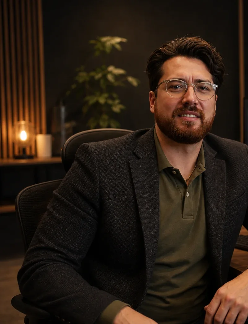 Raphael Hermann, Gründer von Digitale Gewinner, im Büro mit Kaffeetasse und Pflanze